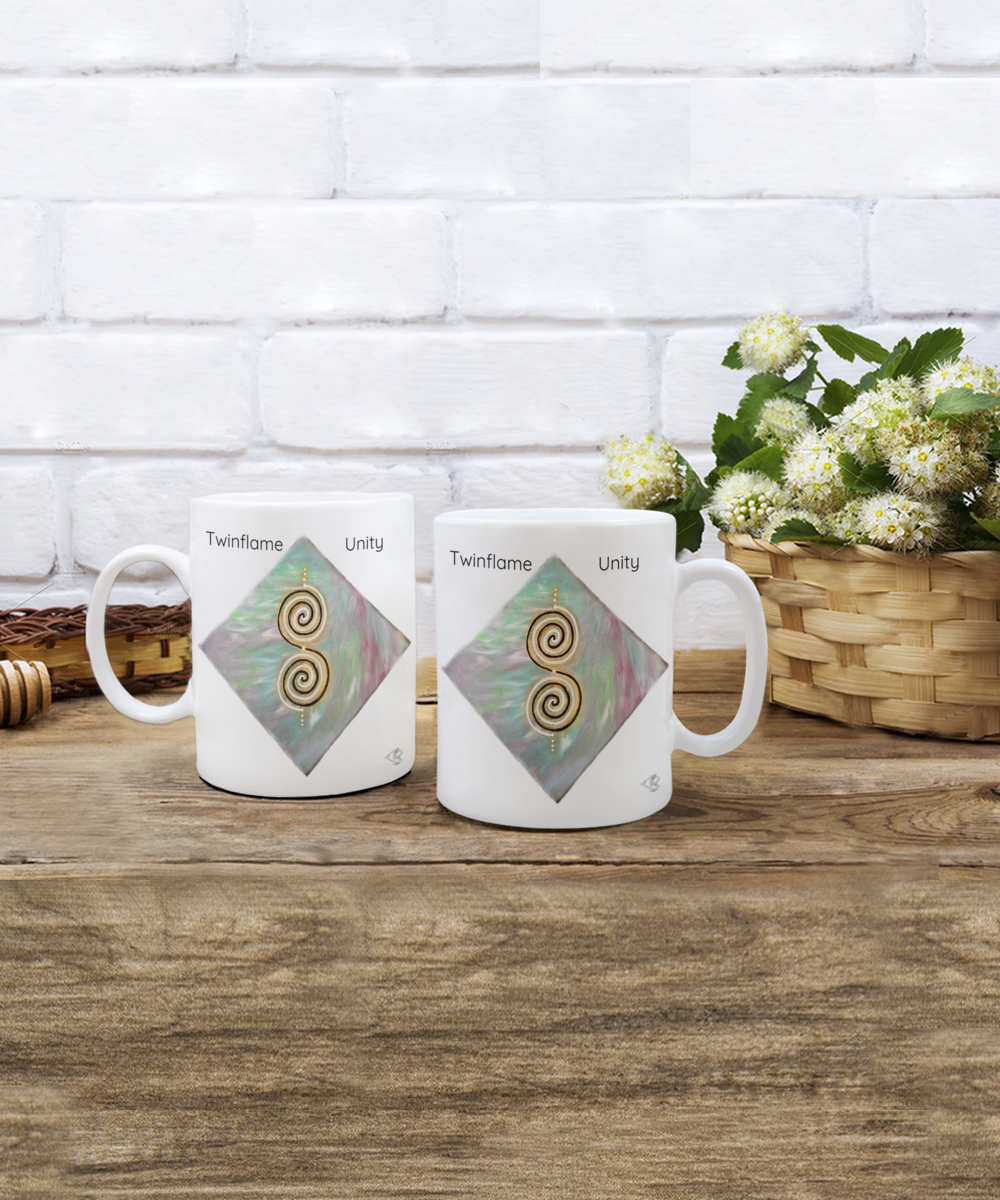 Twinflame unity mug, double spiral geometry, activated design, intention mug, 11oz