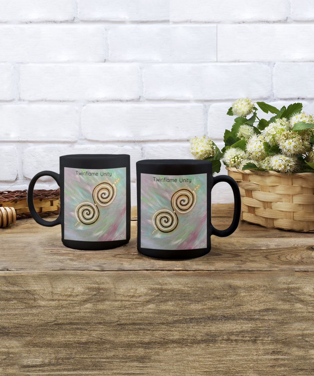 Twinflame unity mug, 11oz or 15oz, double spiral twinflame geometry, activated with light language, intention mug