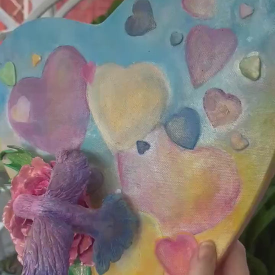 Original Alchemical Art 3D peony and hummingbird on heart shaped canvas with light catching metallic coloured hearts ( original painting)