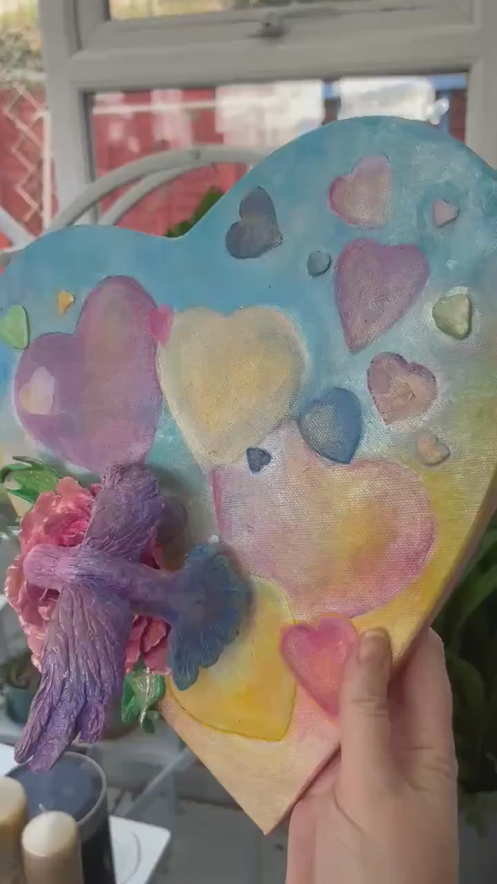 Original Alchemical Art 3D peony and hummingbird on heart shaped canvas with light catching metallic coloured hearts ( original painting)