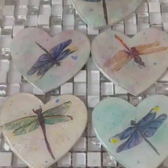 Pretty heart shaped coasters, set of 4, dragonfly design with metallic shimmer and resin coating, decoupaged, on wood base, unique, no other