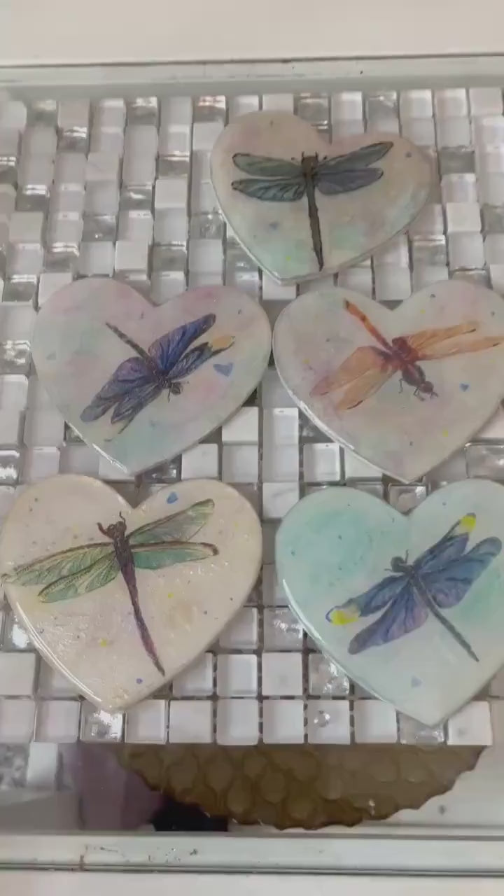 Pretty heart shaped coasters, set of 4, dragonfly design with metallic shimmer and resin coating, decoupaged, on wood base, unique, no other