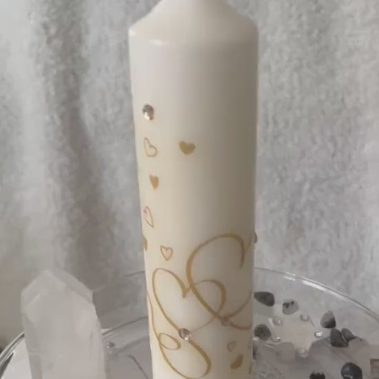 Tall Pillar candle with golden love heart design and sparkles 75hour burning, gift for lovers