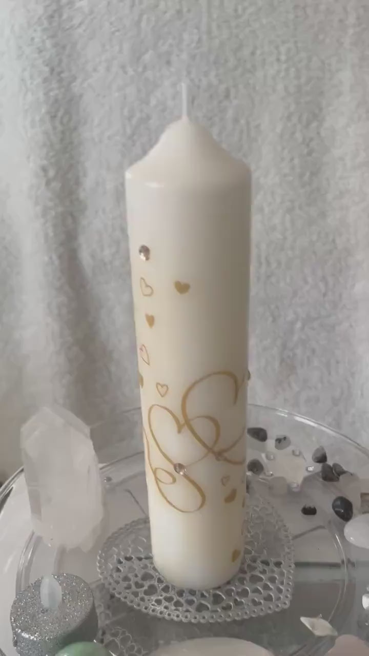 Tall Pillar candle with golden love heart design and sparkles 75hour burning, gift for lovers