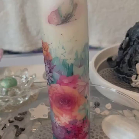 Large Pillar candle floral with butterflies 75hour burning