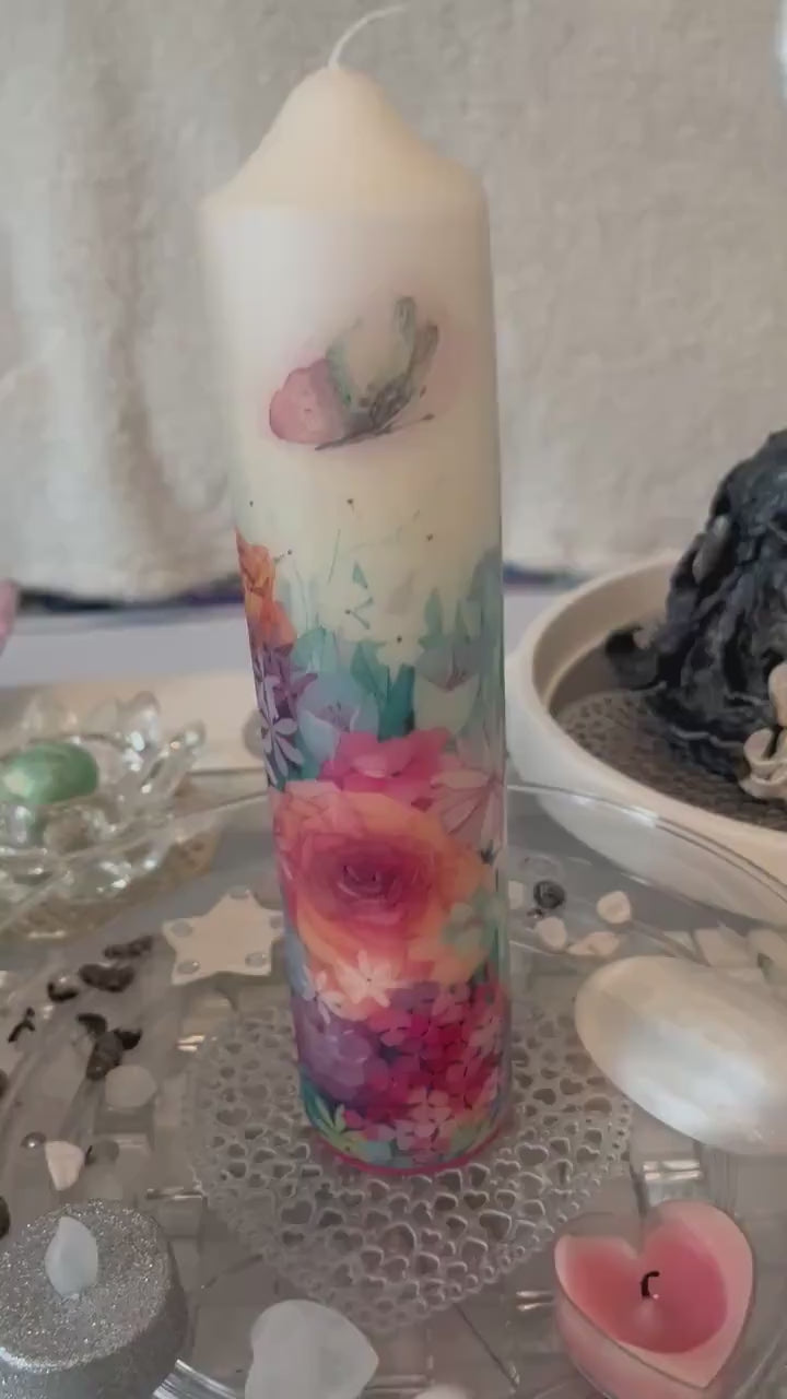 Large Pillar candle floral with butterflies 75hour burning