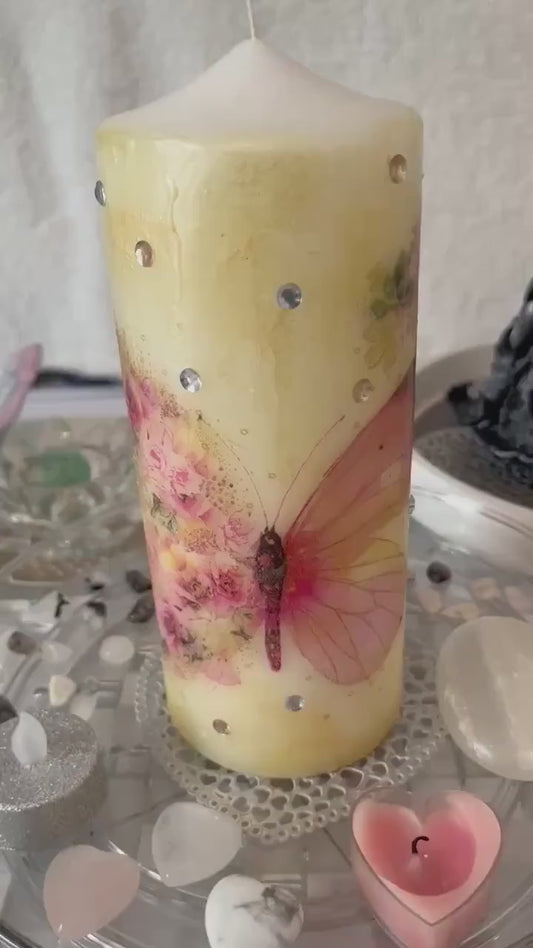 Pillar candle, pink and soft gold floral butterfly design with some sparkles 120hours burning