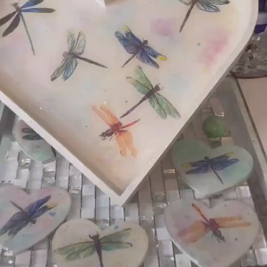 Heart shaped tray, sparkling design of dragonflies with resin coating, has option of matching heart coasters and candle