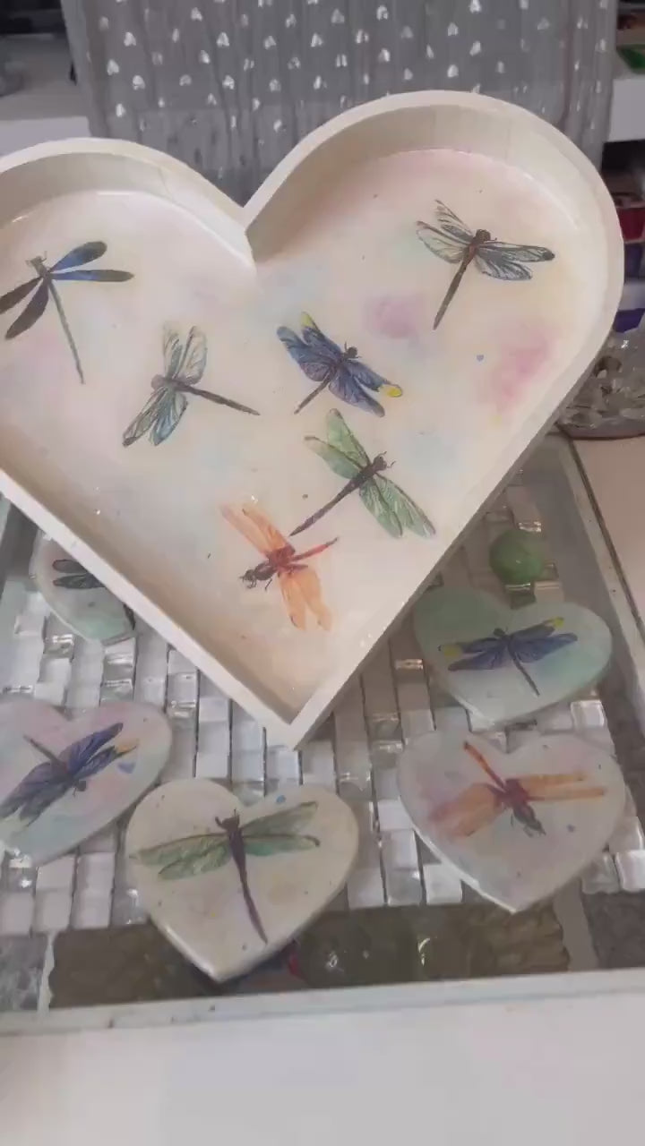 Heart shaped tray, sparkling design of dragonflies with resin coating, has option of matching heart coasters and candle