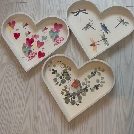 Heart shaped tray, choice of  3 designs, dragonflies, hearts or robin bird in foliage