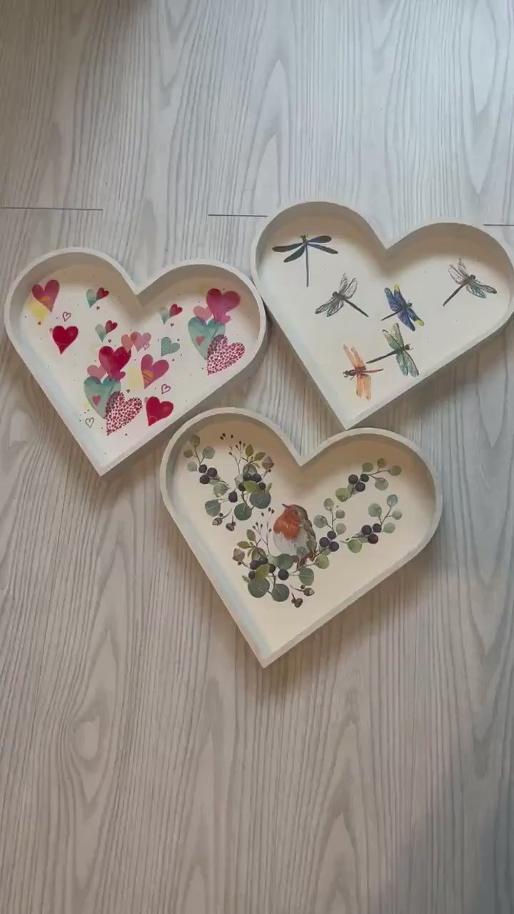 Heart shaped tray, choice of  3 designs, dragonflies, hearts or robin bird in foliage