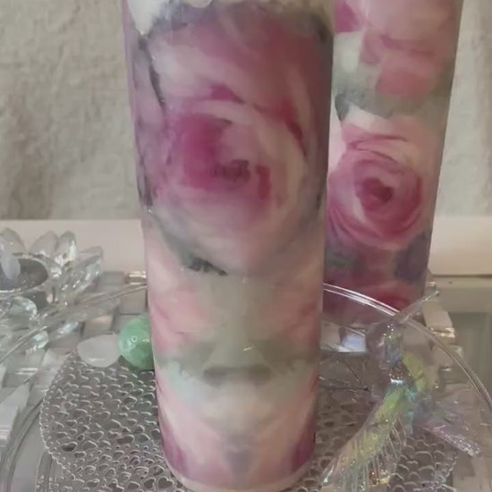 Large Pillar candle, pink,silver and soft grey floral rose design 160 hours burning