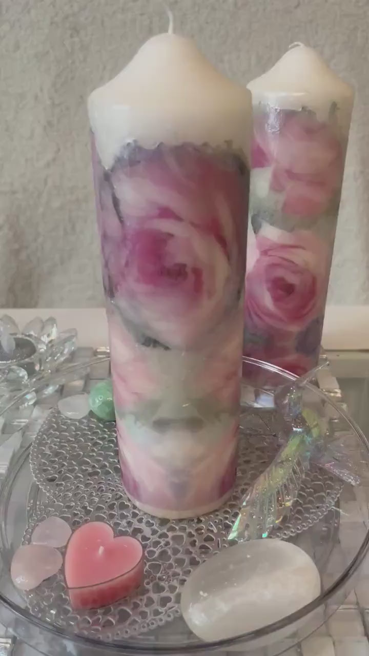 Large Pillar candle, pink,silver and soft grey floral rose design 160 hours burning