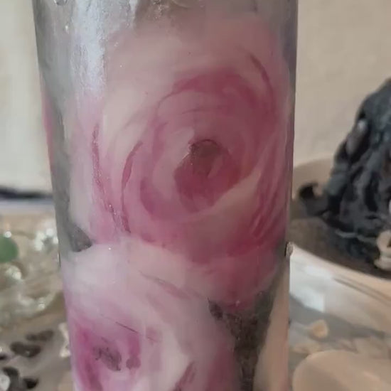 Large Pillar candle, pink,silver and soft grey floral rose design with some sparkles 120hours burning