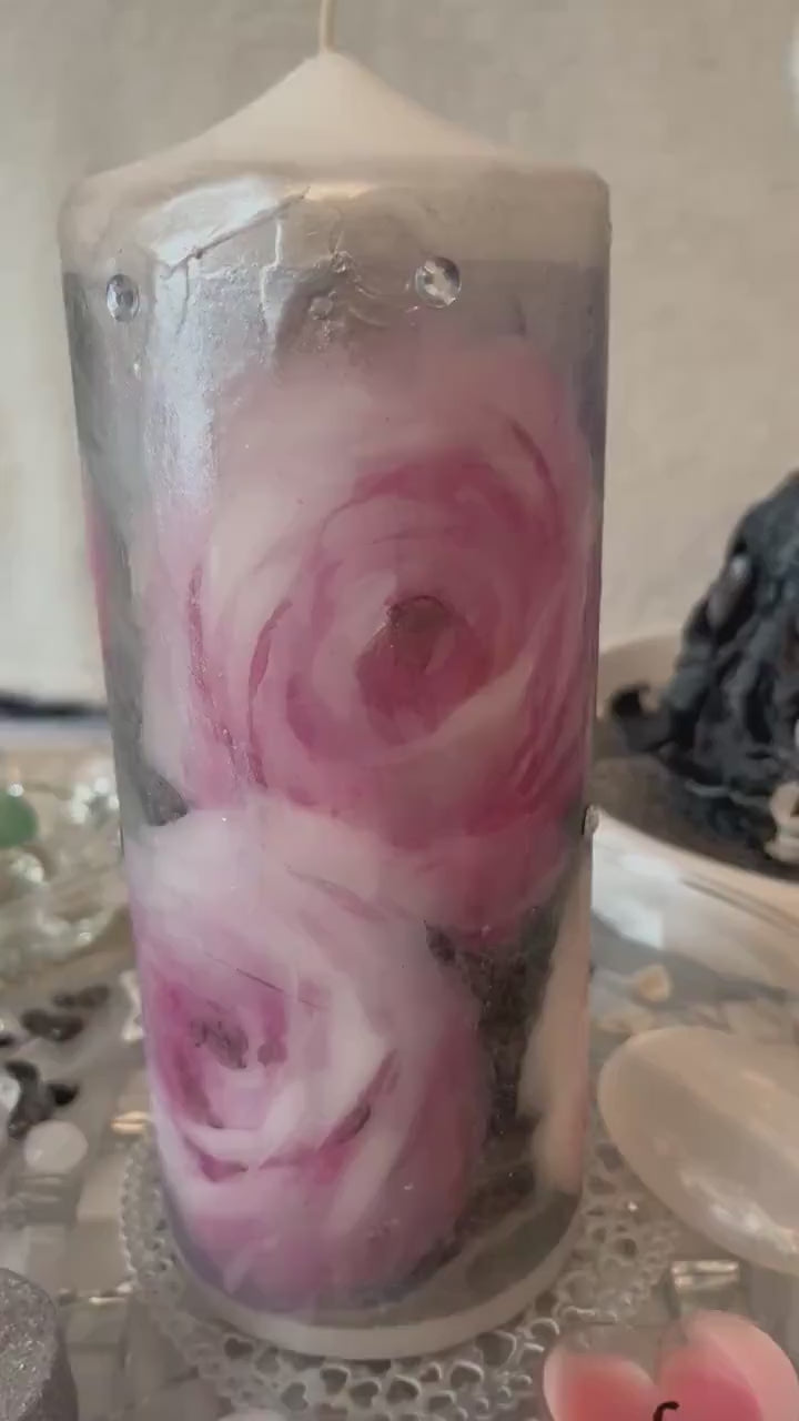 Large Pillar candle, pink,silver and soft grey floral rose design with some sparkles 120hours burning