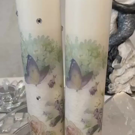 Tall Pillar candle floral with butterflies, whites and pastel colours, 75hour burning