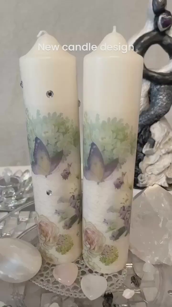 Tall Pillar candle floral with butterflies, whites and pastel colours, 75hour burning