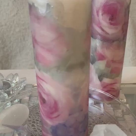 Large Pillar candle, pink,silver and soft grey floral rose design 160 hours burning