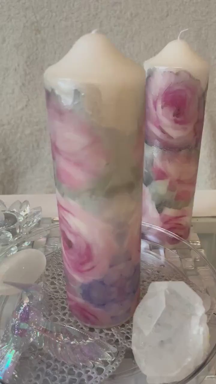 Large Pillar candle, pink,silver and soft grey floral rose design 160 hours burning