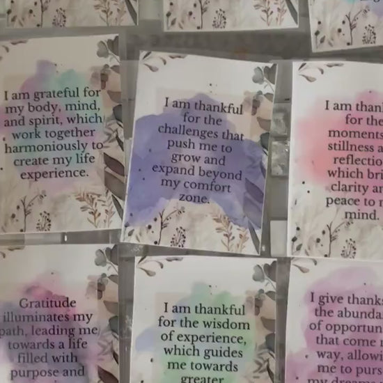 Gratitude cards, affirmations, set of 30 cards, pick one a day for theme for day,  do a spread as oracle cards, use with healing clients