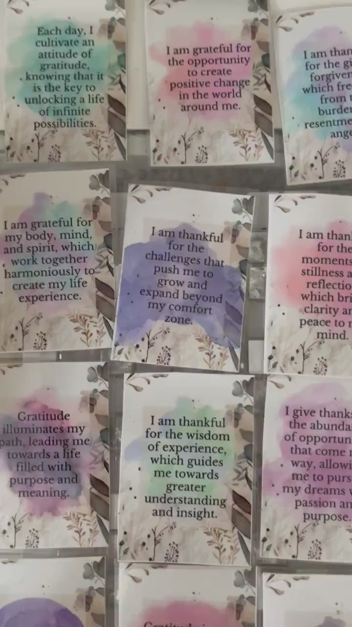 Gratitude cards, affirmations, set of 30 cards, pick one a day for theme for day,  do a spread as oracle cards, use with healing clients