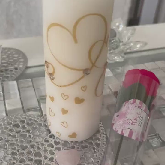 Valentines Day gift set, golden entwined hearts pillar candle, heart shaped rose quartz crystal, soap stem rose, with it without card