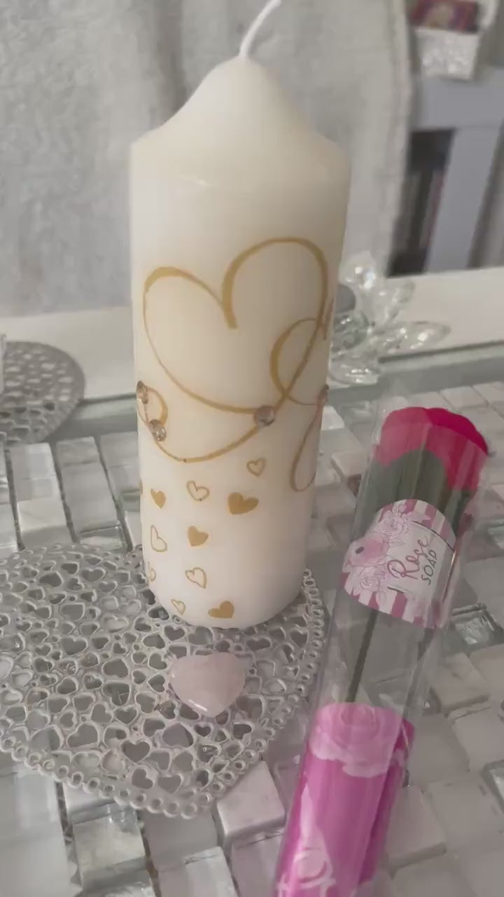 Valentines Day gift set, golden entwined hearts pillar candle, heart shaped rose quartz crystal, soap stem rose, with it without card