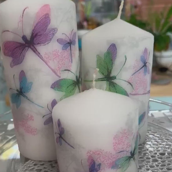 Set of 3 x matching pillar candles,  Fantasy Draginfly design on white wax, descending order, gift set