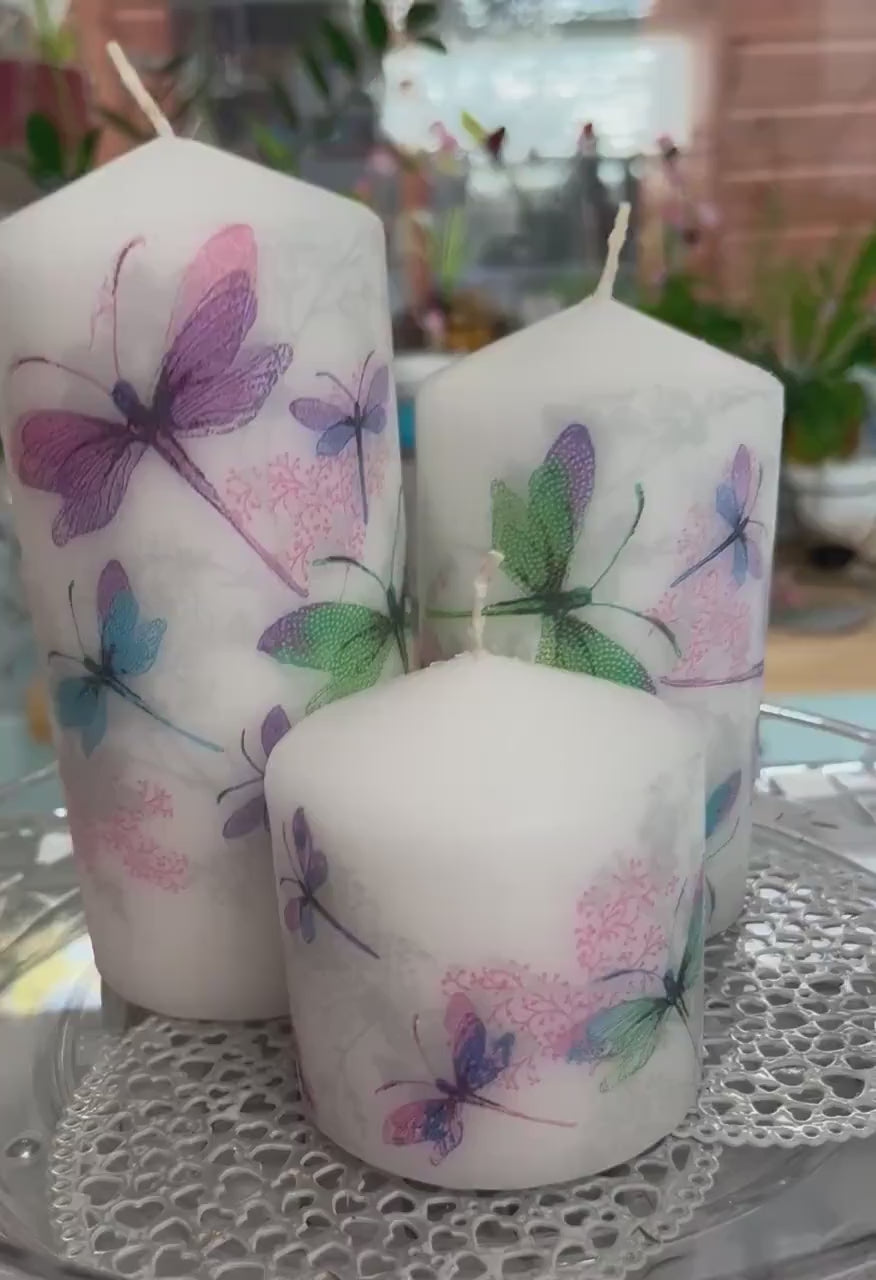 Set of 3 x matching pillar candles,  Fantasy Draginfly design on white wax, descending order, gift set