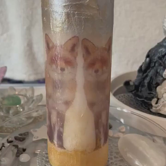 Large Pillar candle, silver and soft gold fox pair design with some sparkles 100hours burning