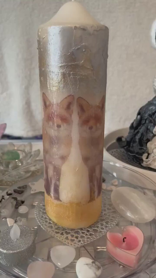 Large Pillar candle, silver and soft gold fox pair design with some sparkles 100hours burning