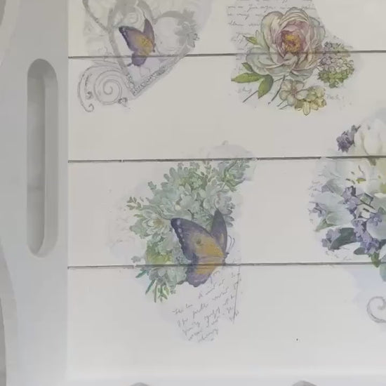 Soft purple and soft green floral and butterfly design rectangular tea tray, on own or as a set with matching pillar candles ( one or two)