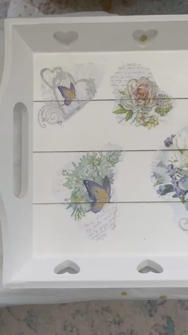 Soft purple and soft green floral and butterfly design rectangular tea tray, on own or as a set with matching pillar candles ( one or two)