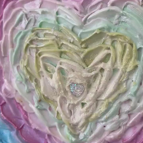 Pastel Rainbow heart flower textured 3D petals, acrylic painting on canvas 20cm x 20cm with sparkles and opalescent highlights