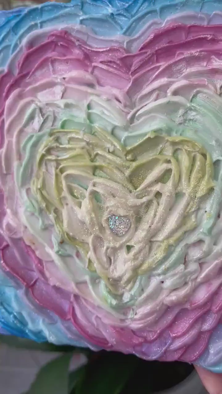 Pastel Rainbow heart flower textured 3D petals, acrylic painting on canvas 20cm x 20cm with sparkles and opalescent highlights