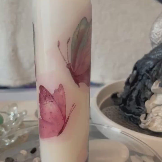 Large Pillar candle with butterflies 75hour burning