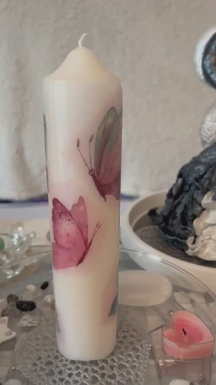 Large Pillar candle with butterflies 75hour burning