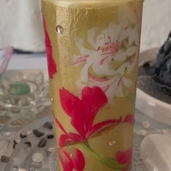 Pillar candle, red, gold and white floral design with poppies 120hours burning