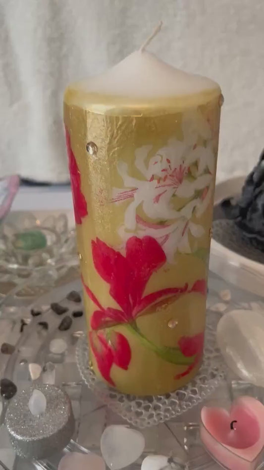 Pillar candle, red, gold and white floral design with poppies 120hours burning