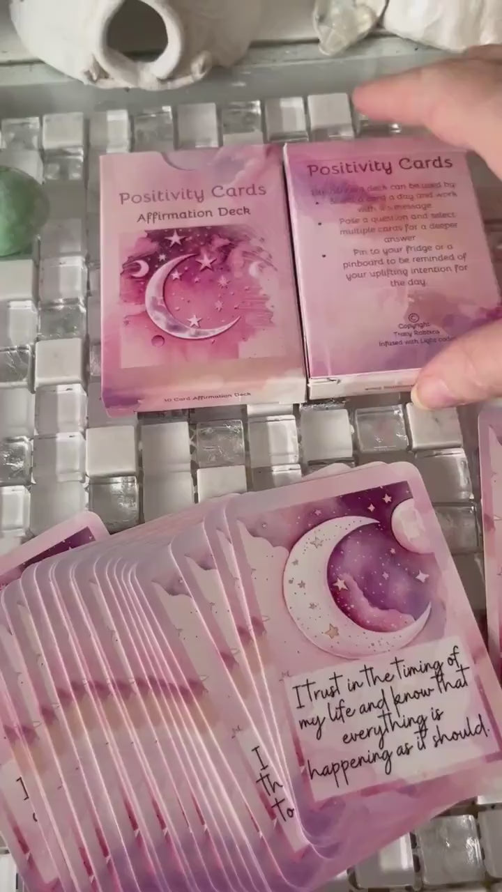 Positivity cards, affirmations, set of 30 cards, pick one a day for theme for day,  do a spread as oracle cards, use with healing clients