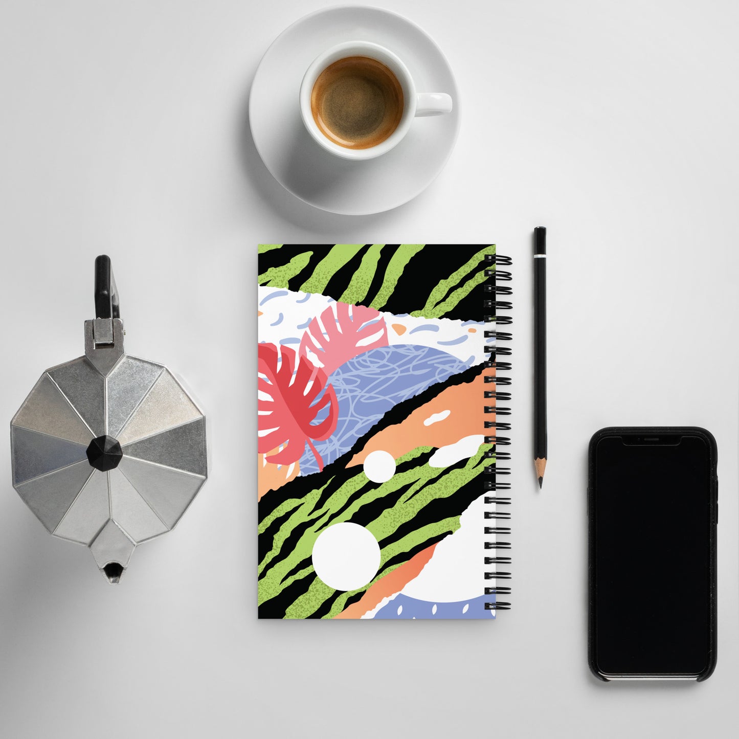 Spiral notebook, tiger print leaf design, soft touch coating