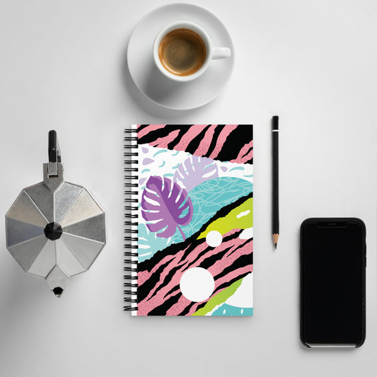 Spiral notebook, tiger print leaf design, soft touch coating