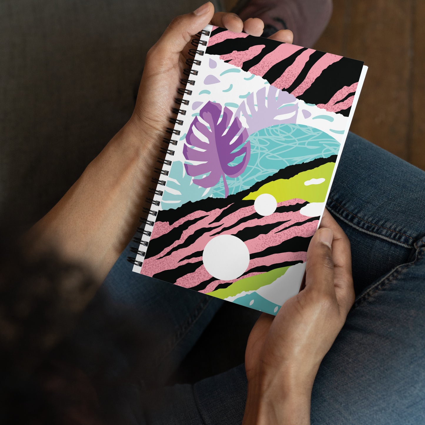 Spiral notebook, tiger print leaf design, soft touch coating