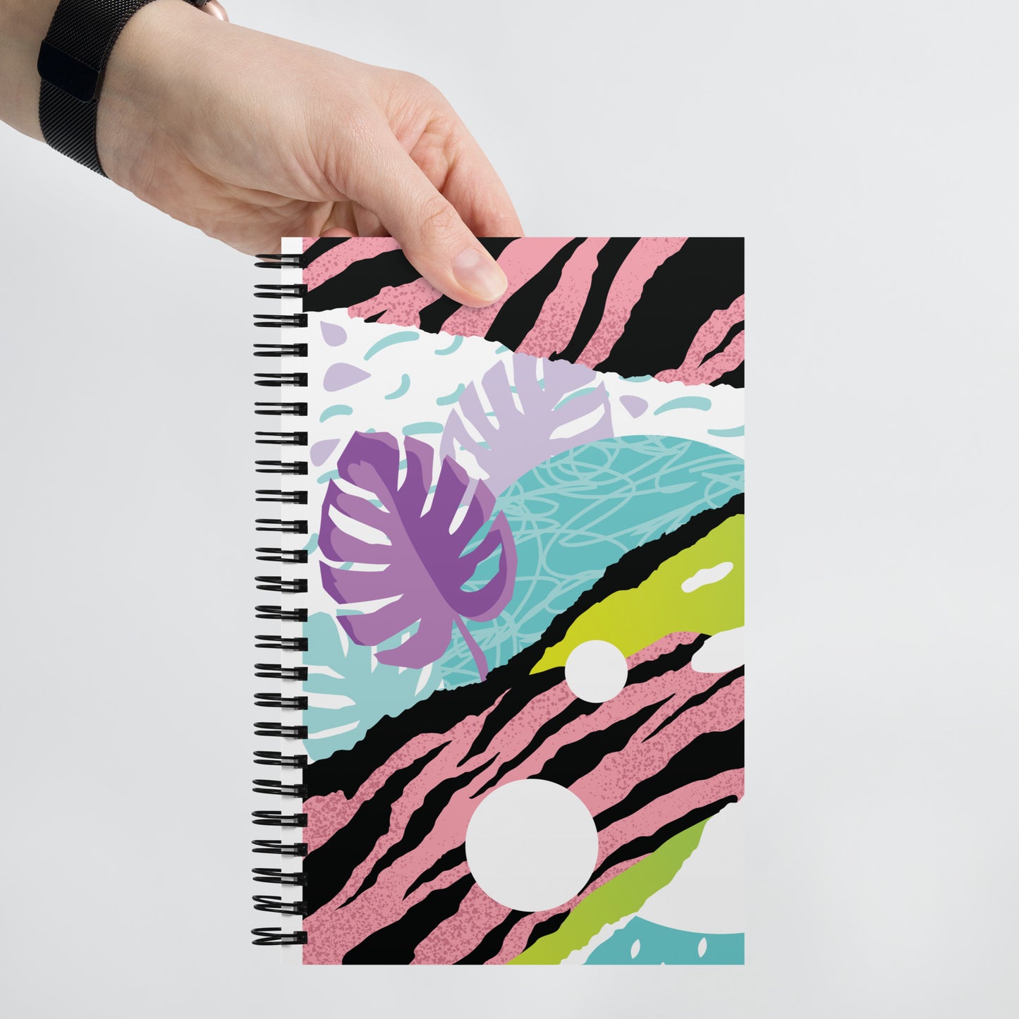 Spiral notebook, tiger print leaf design, soft touch coating