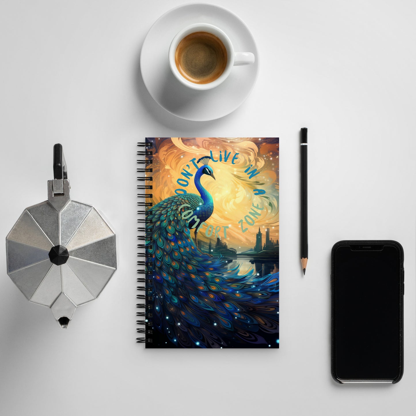 Spiral notebook, bright peacock design with arty design on back, dont stay in a comfort zone.