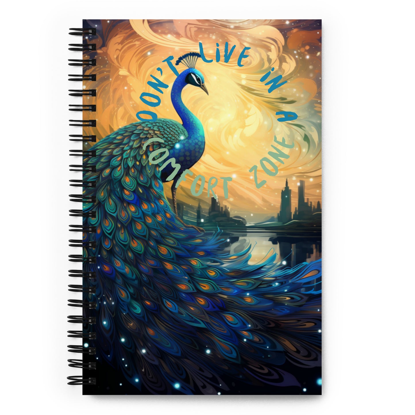 Spiral notebook, bright peacock design with arty design on back, dont stay in a comfort zone.