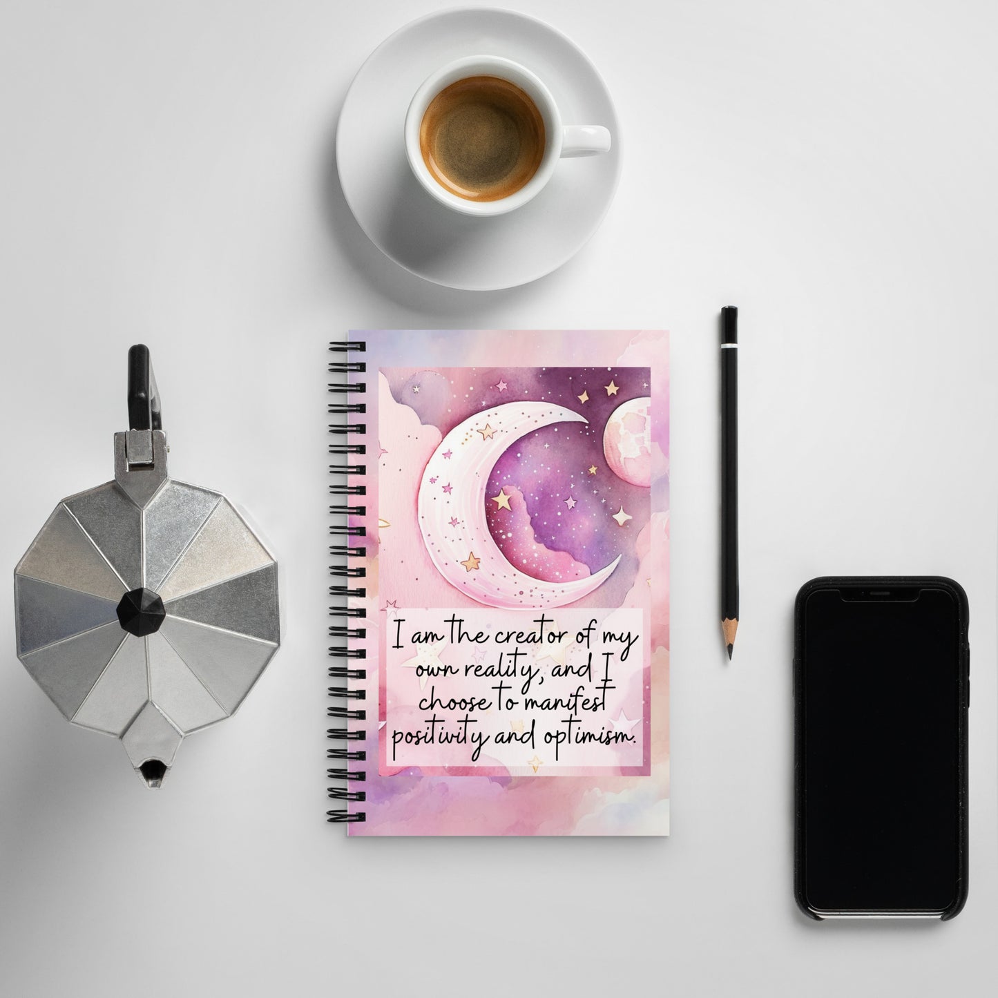 Positive affirmation Spiral notebook, “ I am the creator of my own reality and I choose to manifest positivity and optimism”, 140 dotted pages inside