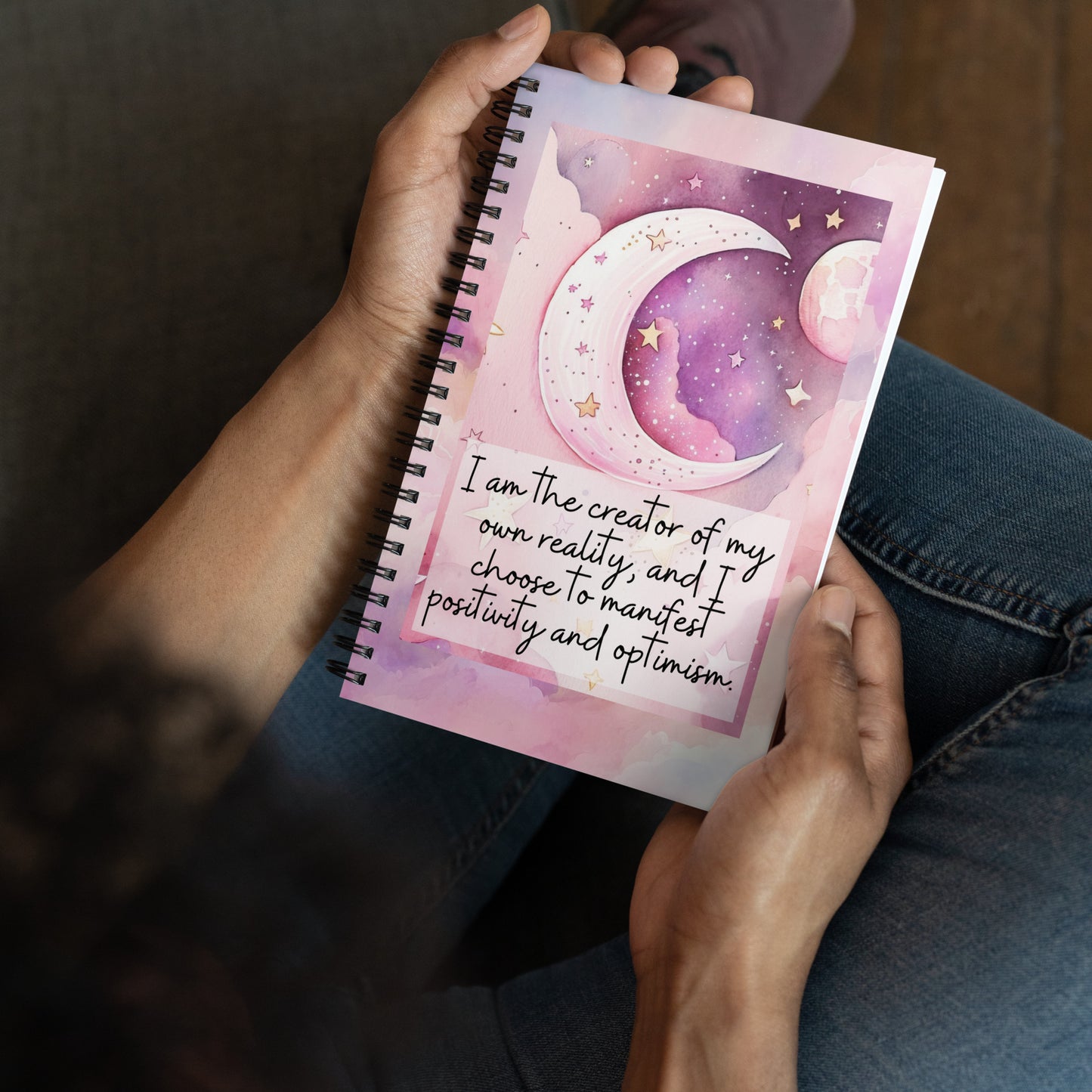 Positive affirmation Spiral notebook, “ I am the creator of my own reality and I choose to manifest positivity and optimism”, 140 dotted pages inside