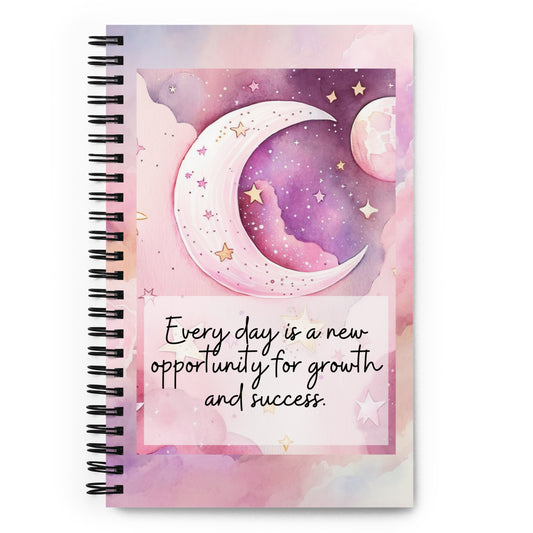 Positivity Affirmation Spiral notebook, Every day is a new opportunity for growth and success, pink, moon, stars, night, sky