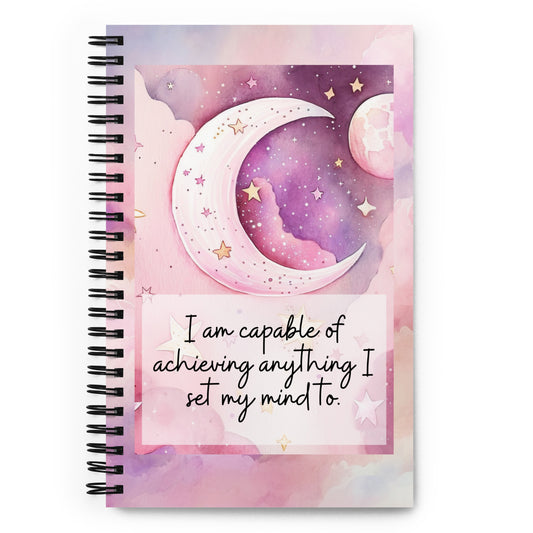 Positivity Affirmation Spiral notebook, I am capable of achieving anything I set my mind to, pink, moon, stars, night, sky